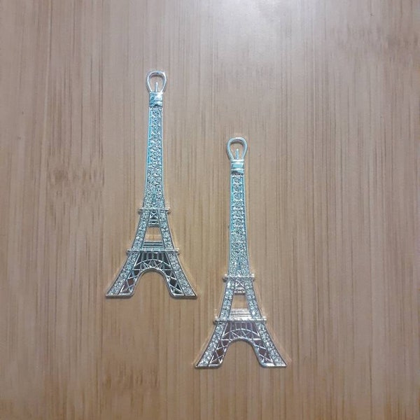 1 Silver Tone HQ Large Eiffel Tower Bling Bling Rhinestones Charm Pendant Flatback, Silver Tone, Decoden Kit Phone Case Decoration, 84x33mm