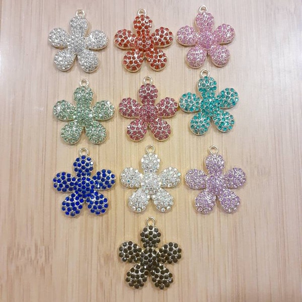 1 Gold Tone Alloy Flower with Rhinestones Charms Pendants, Bling Charms, 33×30mm Keelaubeadz