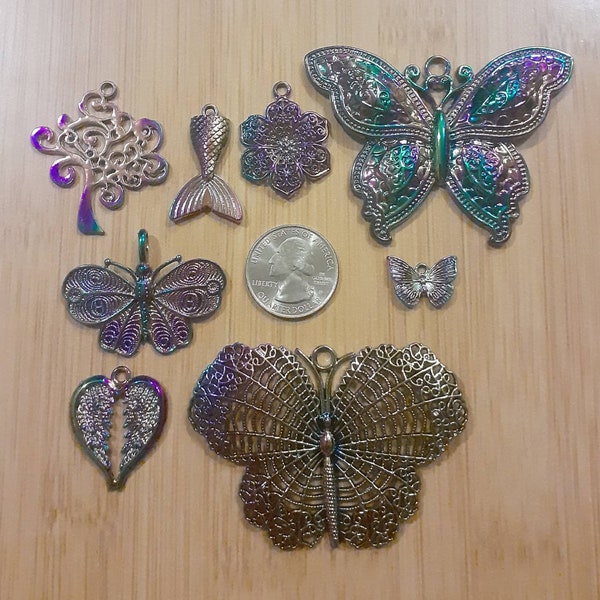 1 and or 2Pcs/Set Alloy Rainbow Finish Color Charms Pendants, Extra Large Butterfly Pendants, Leaf Charms, Wings Charms, Tree Charms