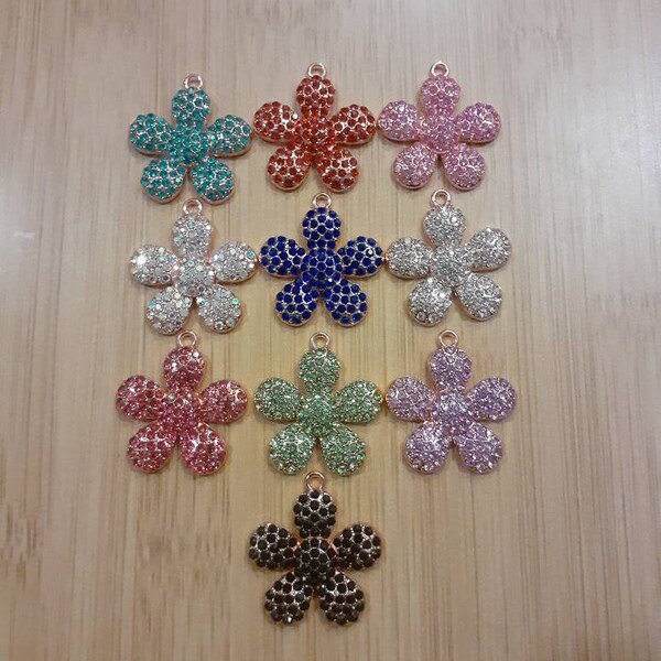 1 Rose Gold Tone Alloy Flower with Rhinestones Charms Pendants, Bling Charms, 33×30mm Keelaubeadz