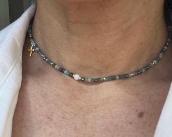 African Emerald Moonstone Cross Necklace Catholic Adjustable Gift for Her