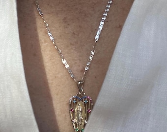 Sterling Silver 925 Virgin of Guadalupe Heart Medal with Zirconia Catholic Necklace