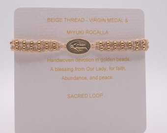 Virgin Mary Bracelet Miraculous Medal & Golden Beads on Beige Cord