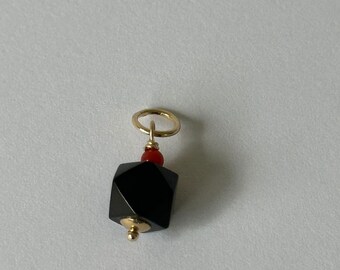 Genuine Jet and Coral Pendant in 14k Gold
