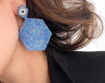 Large Blue Hexagon Miyuki Beaded Statement Earrings