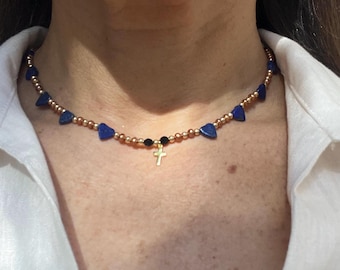 Lapis Lazuli Cross Necklace Gold Plated Sterling Silver Catholic Necklace Dainty Religious Jewelry Blue Gemstone Gift for Her
