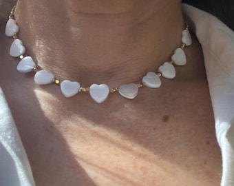 Mother of Pearl Heart Necklace Adjustable Dainty Minimal Gift