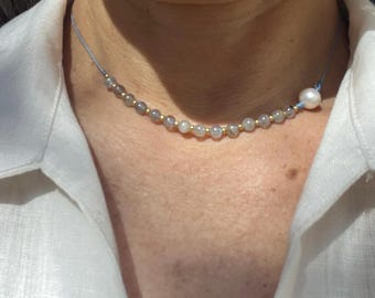 Labradorite Pearl Necklace Adjustable Minimal Dainty Gift