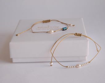 Blue Bead and Pearl Bracelet Gold Thread Adjustable Dainty Layering Bracelet Minimal Everyday Jewelry Gift for Her