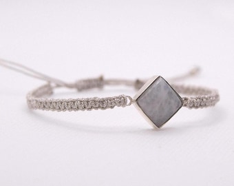 Square Moonstone Bracelet Silver Thread Adjustable Minimal Gift