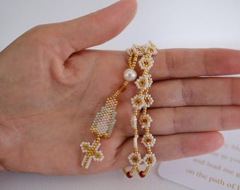 Rosary &quot;Serene Light&quot; Woven in Miyuki &lt; Pearl and cross with Swarovski details