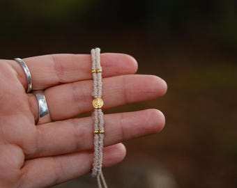 Beige Macrame Bracelet Spiral Gold Charm Adjustable Boho Minimal Gift for Her
