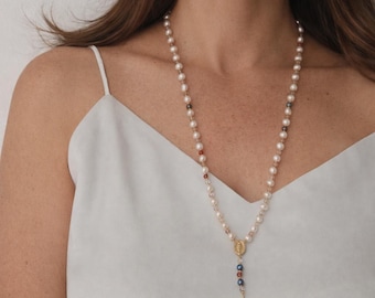 Handmade Catholic Rosary Necklace 14k Gold Plated Medal Natural Pearls