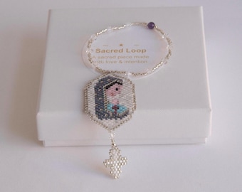 Handwoven Decade Rosary Virgin Mary Amethyst and Swarovski
