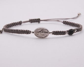 Miraculous Medal Bracelet Gray Macrame Jet Stone Sterling Silver Catholic Gift