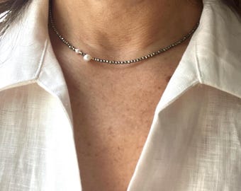 Pyrite Pearl Choker Necklace 14.5 Inch Minimalist Gemstone Beaded Jewelry