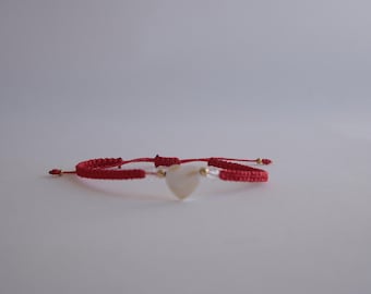 Mother of Pearl Heart Bracelet Red String Adjustable Dainty Swarovski Crystal Gift for Her