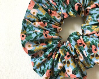 Scrunchie - Light Blue & Metallic Floral - Rifle Paper Co. - Chambray Rosa