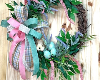 Easter bunny lavender wreath for front door, Spring bunny decor, Easter porch decor, bunny door hanger, purple lavender wreath for Spring