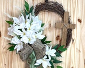 Easter wreath with cross white lilies Easter wreath scripture bow wooden cross wreath spring wreath religious Easter cross farmhouse wreath