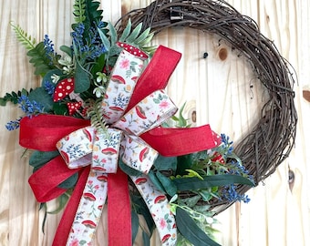 Mushroom wreath grapevine red mushrooms ferns mushroom ribbon whimsical spring mushroom wreath for front door summer wreath mushroom decor