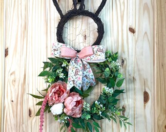 Easter bunny wreath for front door, Spring bunny decor, Easter porch decor, chicken wire bunny door hanger, peony flower wreath for Spring