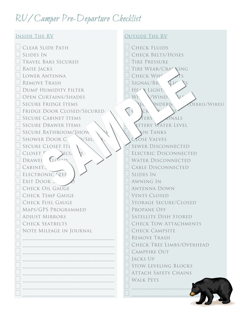 RV Camper Predeparture Checklist Camping RV Setup List Camping Tear