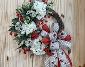 Ladybug Wreath with Ladybug Ribbon, White Hydrangea Wreath, Red and White Summer Wreath for Front Door Farmhouse Decor, Mother's Day Gift