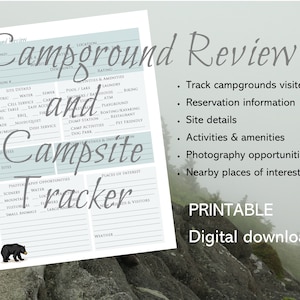 Campsite Tracker Camping Journal Druckbare Tracker RV Journal Lagerplatz Journal Log Camping Erinnerungen Berge Bären Smoky Mountain Thema