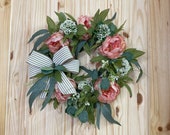 Pink Peach Silk Peony Wreath, Cottage Style Wreath, Summer Wreath for Front Door, Year Round Wreath, Farmhouse Decor, Mother's Day Gift
