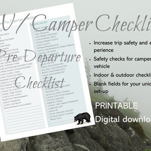 May include: A printable RV camper checklist with a black bear illustration. The checklist includes sections for inside the RV, pre-departure, and departure. The checklist is designed to help campers prepare for their trip and ensure a safe and enjoyable experience.