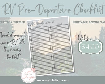 RV/Camper Pre-Departure Checklist Outdoor Theme RV Camping Trip Checklist RV Camper Setup Teardown Checklist Pre-Trip Checklist Printable