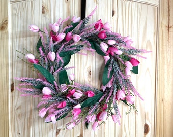 Tulip wreath on grapevine Easter tulip wreath for front door pink tulips pink lavender wreath for front door Spring wreath with pink tulips