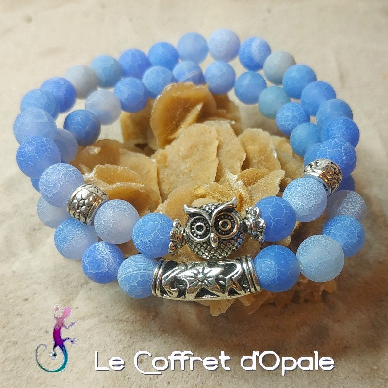 Bracelet double hibou en agates givr&eacute;es craquel&eacute;es Fire Dragon bleues et perles en m&e