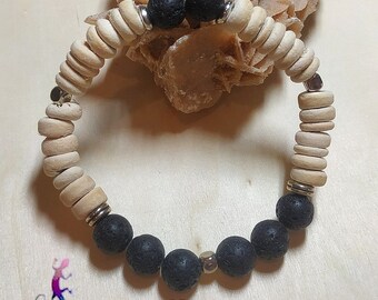 Bracelet en perles de lave noire et rondelles de bois de coco clair