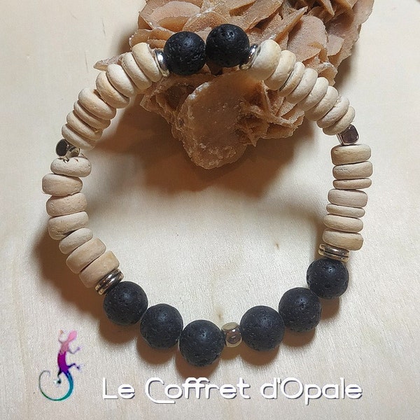 Bracelet en perles de lave noire et rondelles de bois de coco clair