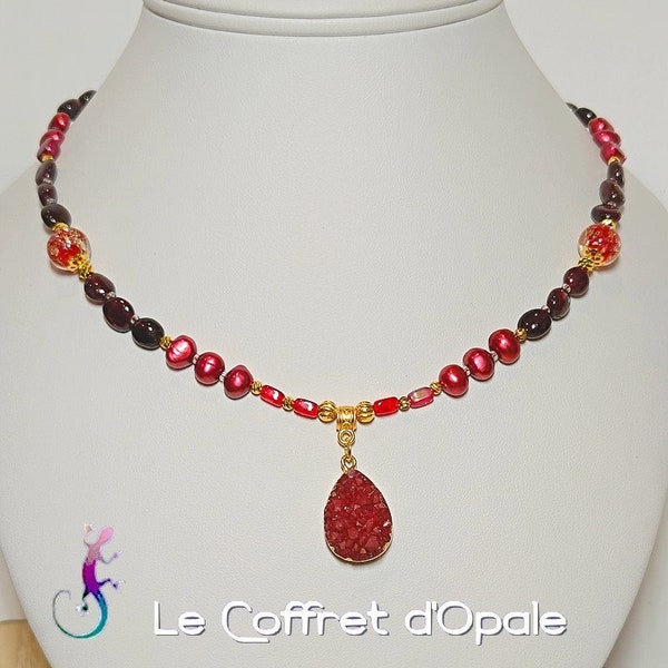 Red and gold geode necklace, garnets and red water pearls