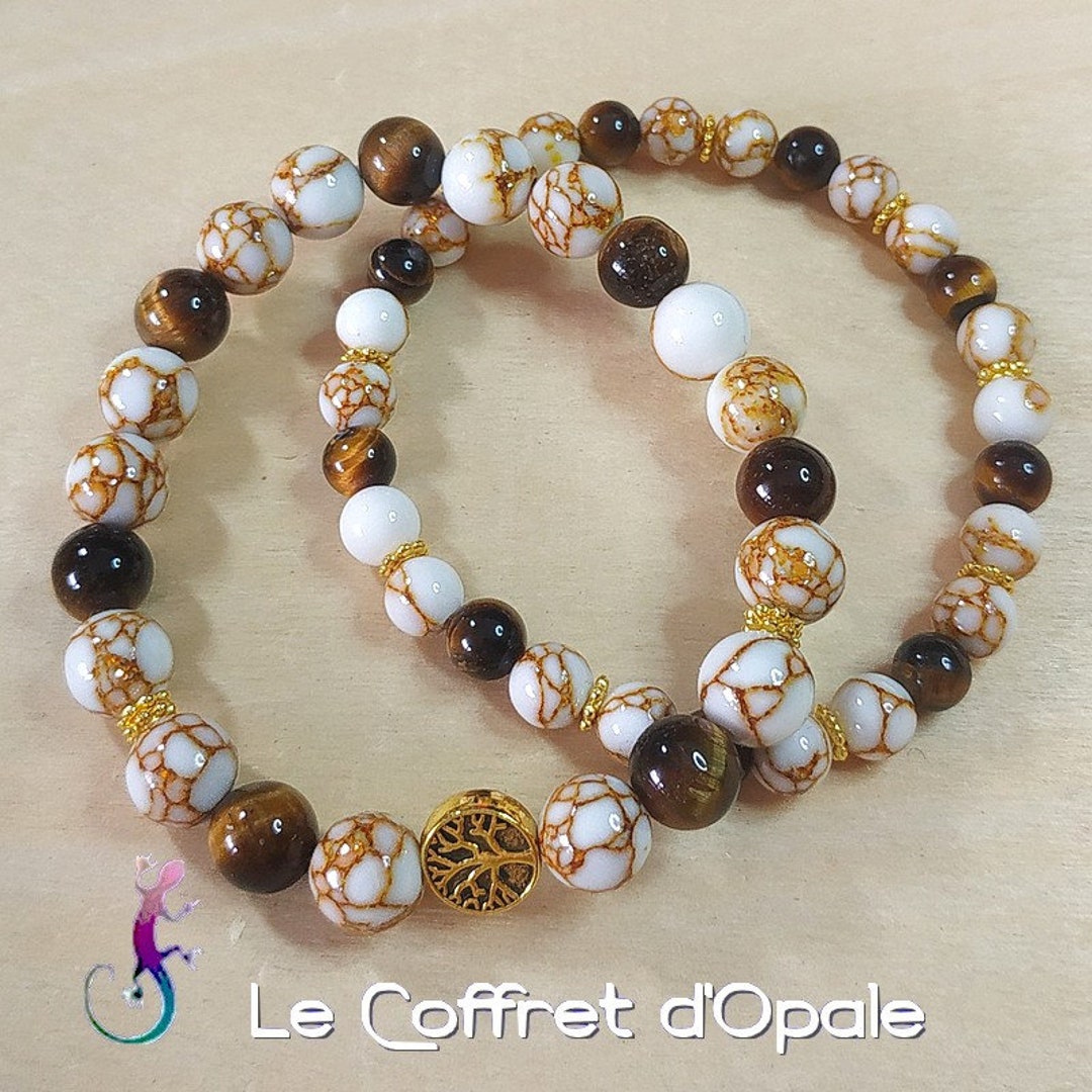 Double Golden Tree of Life Bracelet in Tiger's Eye Beads and White and ...