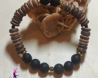 Bracelet en perles de lave noire et rondelles de bois de coco marron