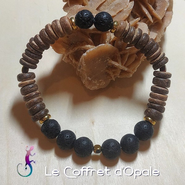 Bracelet en perles de lave noire et rondelles de bois de coco marron