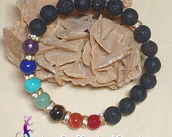 7 chakra bracelet in fine stones, lava stones and golden white rhinestone washers