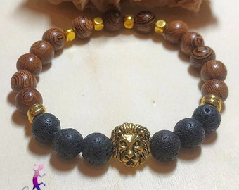 Bracelet tête de lion dorée en perles rondes de lave noire et bois exotique wengé