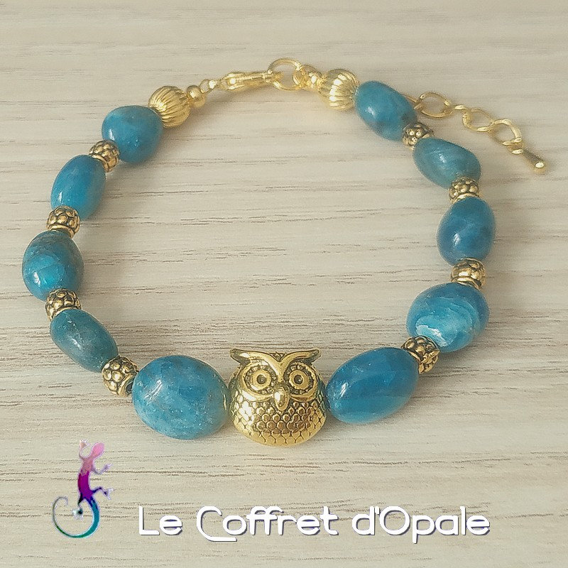Bracelet Hibou doré et nuggets en apatite turquoise, perles intercalaires en métal dor