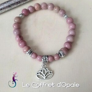 Silver Lotus Flower Bracelet and Round Pink Rhodonite Beads, Silver Metal Spacer Beads
