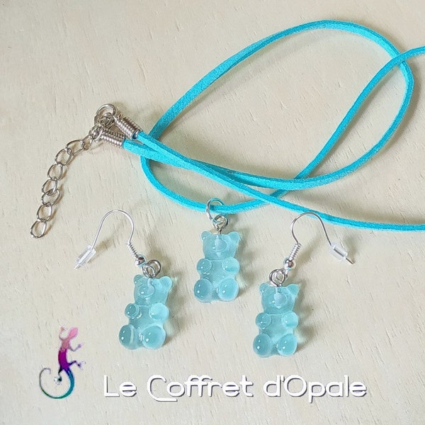 Collier et boucles d'oreilles nounours bleus en résine, collier en suédine