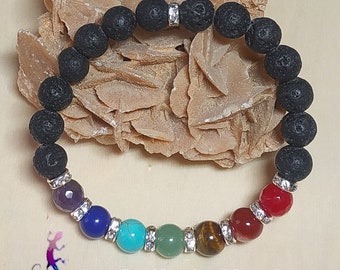 Bracelet 7 chakras en pierres fines, pierres de lave et rondelles de strass blancs argentées