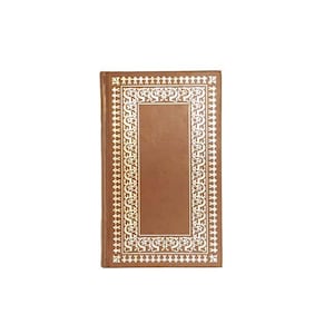 May include: A brown hardback book featuring a white decorative border and a central rectangular design. The cover has a textured finish, possibly leather. The design is classic and elegant, suitable for a journal or a special edition.