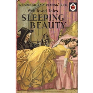 Op de afbeelding: Een Ladybird Easy-Reading boekomslag met een illustratie van een jonge vrouw die in een bed slaapt, met een vrouw in een zwarte mantel en kap naast haar. De titel van het boek is "Doornroosje" en de ondertitel is "Geliefde verhalen".
