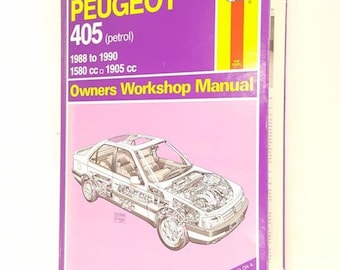 May include: A purple Haynes Owners Workshop Manual for a Peugeot 405 petrol car, manufactured between 1988 and 1990, with engine sizes of 1580 cc and 1905 cc. The cover features a line drawing of the car.