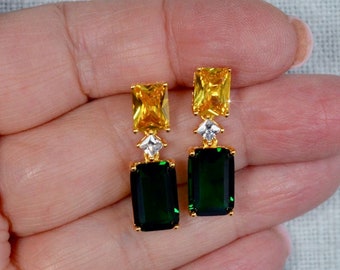 Luxe Fancy Cut Canary Yellow, Clear and Emerald Green Emerald Cut and Princess Cut Cubic Zirconia CZ Dangle Earrings, Bridal (Sparkle-3322)